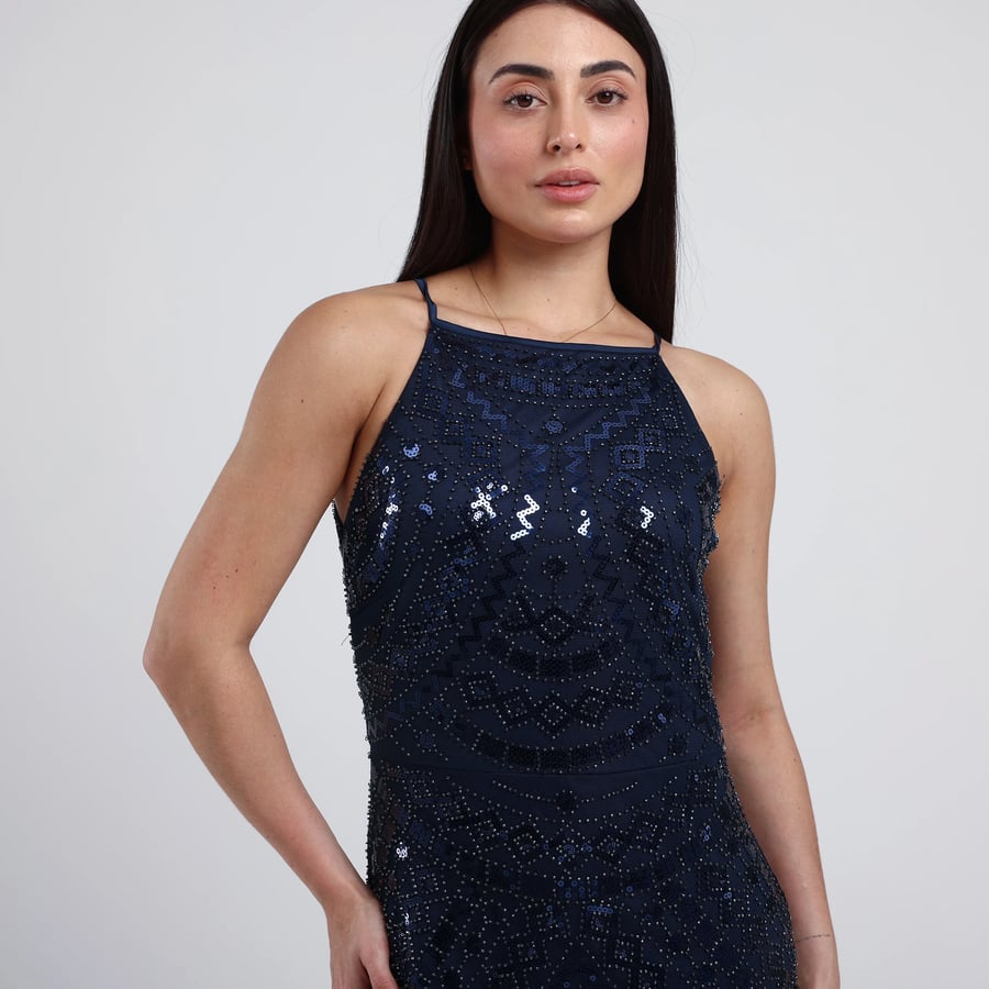 Sleeveless Beaded Tulle Evening Dress