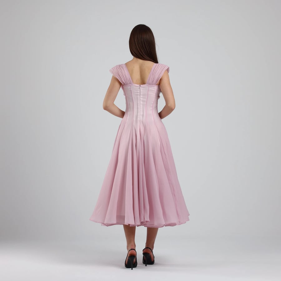 Corset-Style Gazar Midi Dress with Pleats