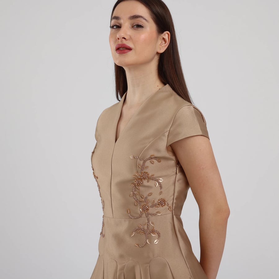 Pleated Midi Dress with Hand-Embroidered Floral Details