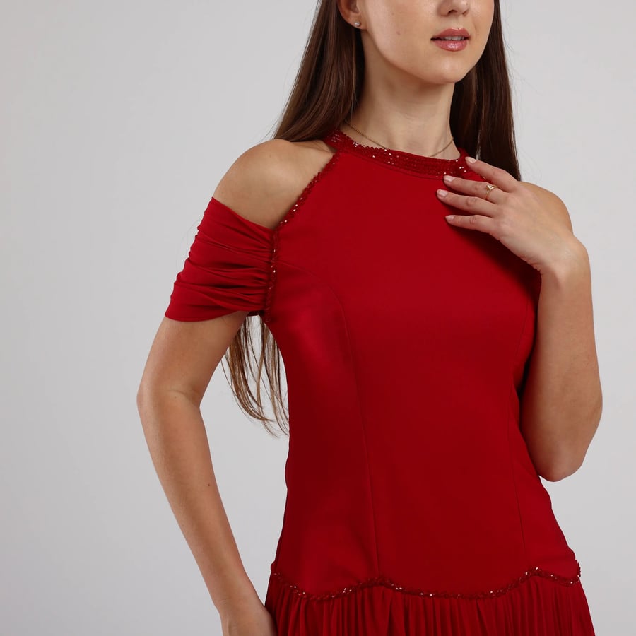 Off-Shoulder Crepe and Pleated Chiffon Evening Dress