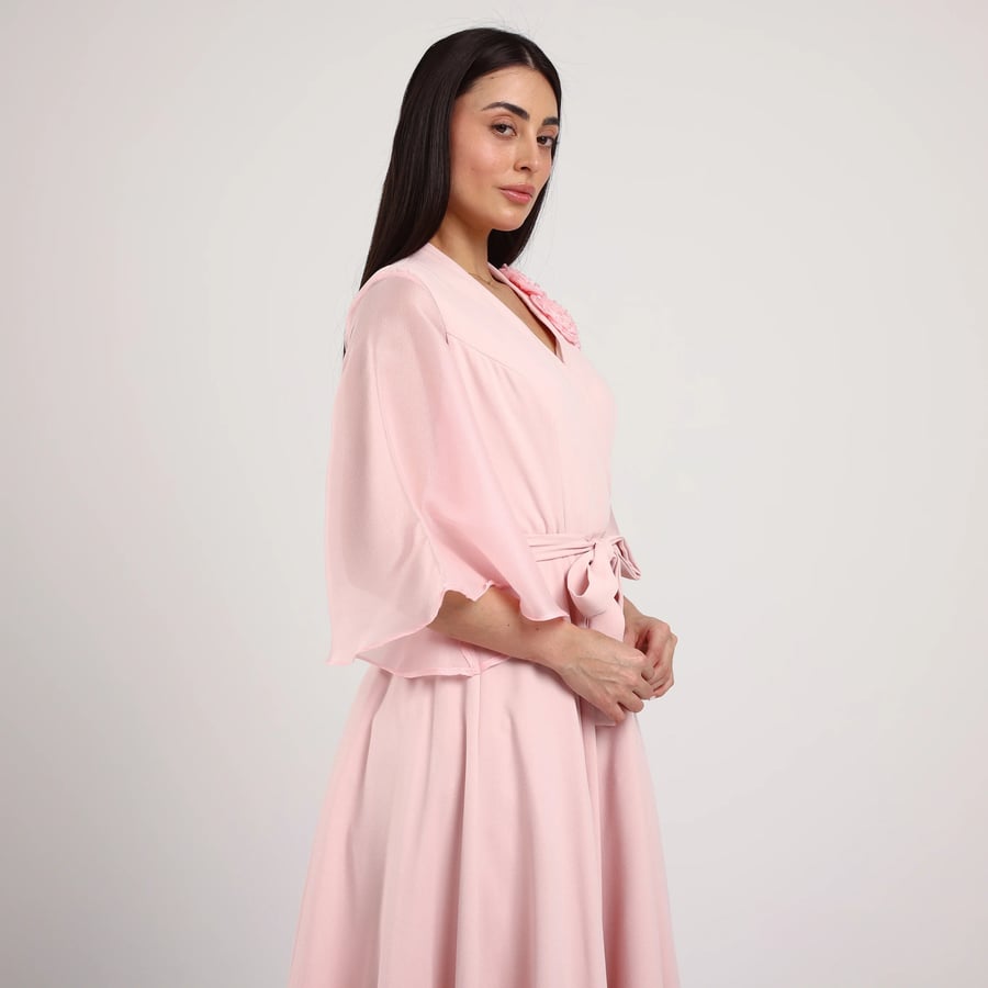 Wrap Crepe Dress with Shoulder Floral Appliqués