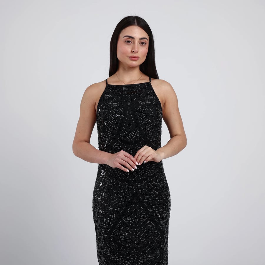 Sleeveless Beaded Tulle Evening Dress