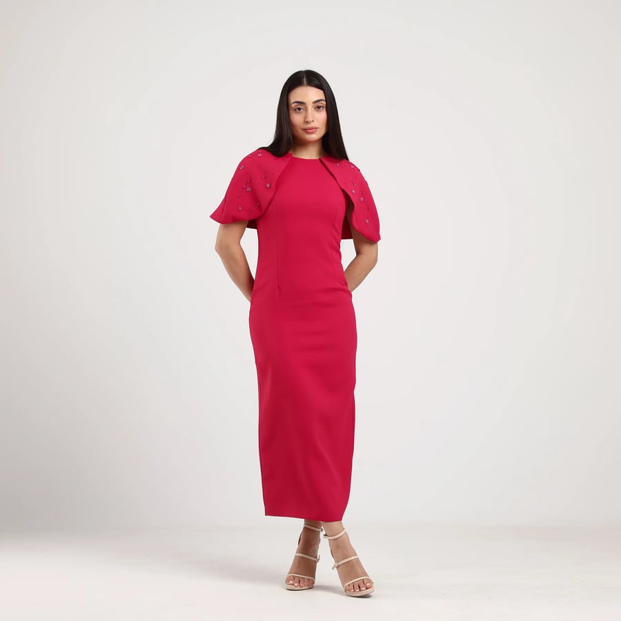 Crepe Midi Dress with Hand-Embroidered Shoulders