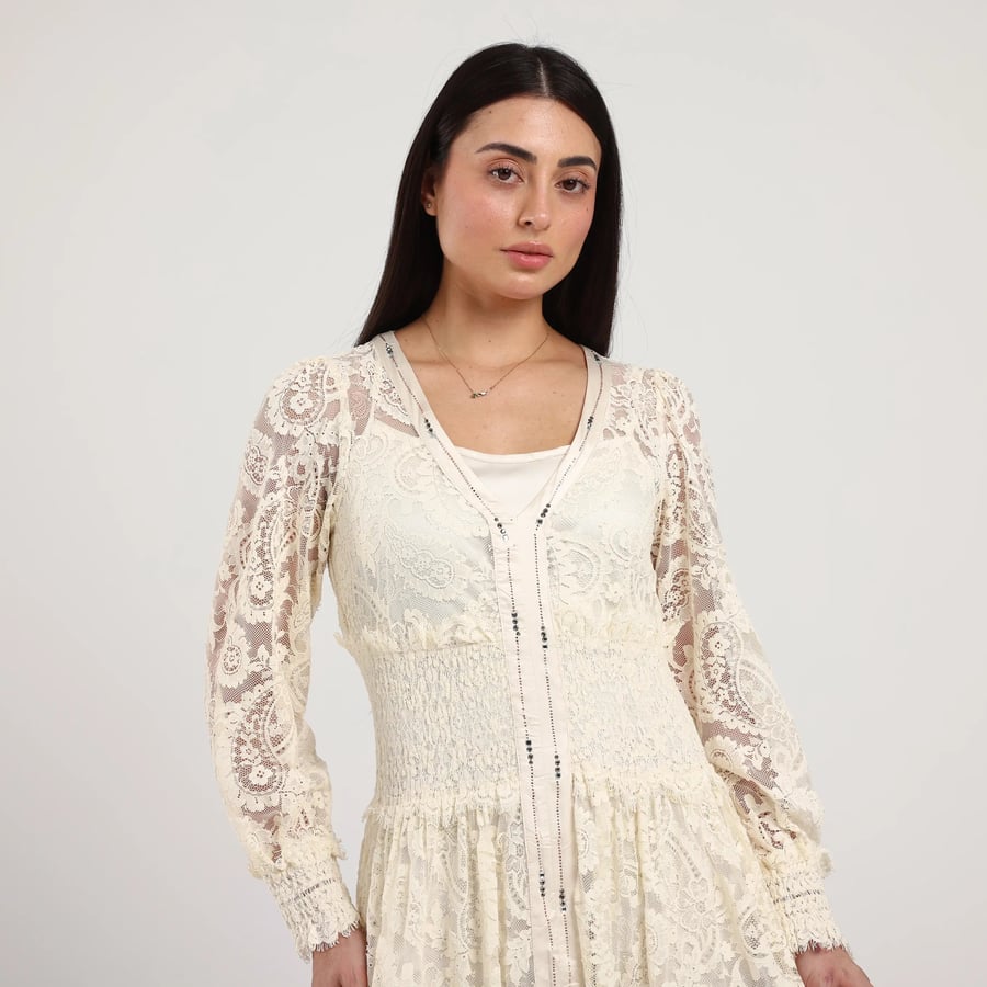 Long Crystal-Embellished Lace Dress