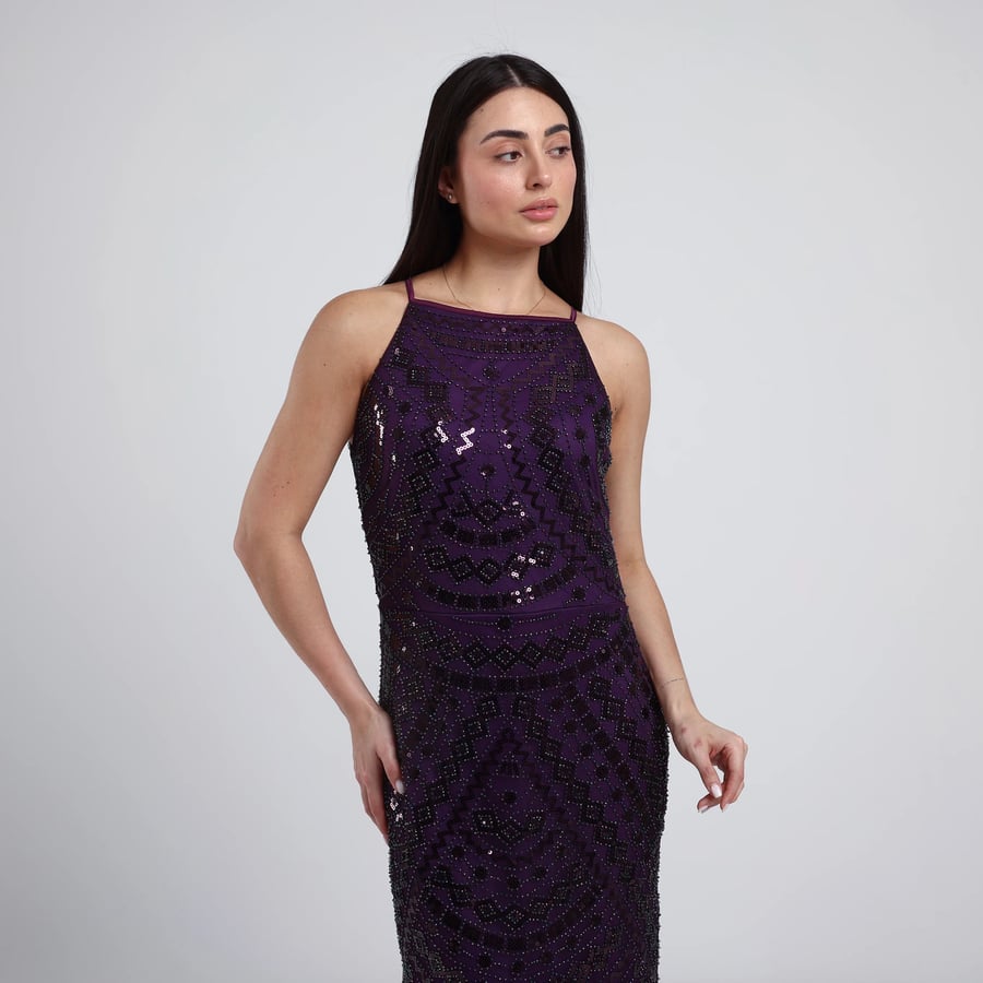 Sleeveless Beaded Tulle Evening Dress