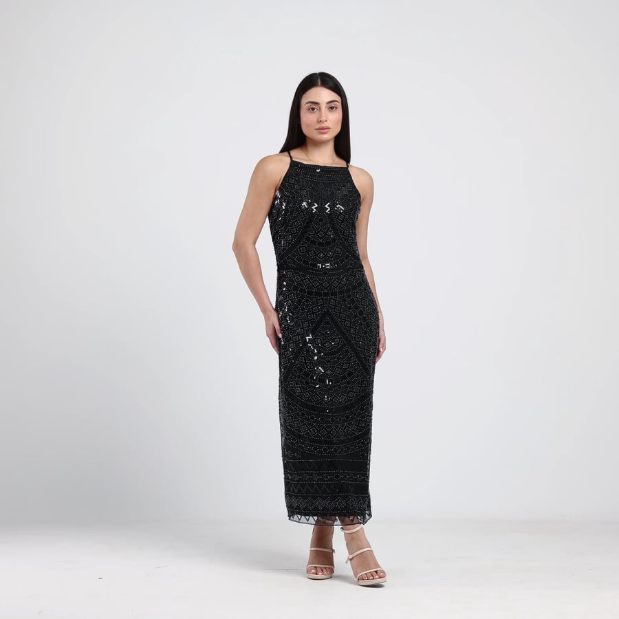 Sleeveless Beaded Tulle Evening Dress