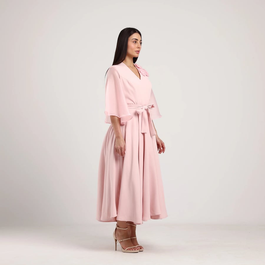 Wrap Crepe Dress with Shoulder Floral Appliqués