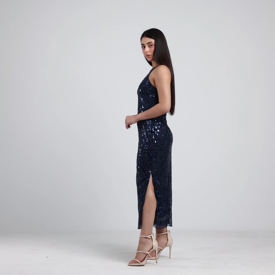 Sleeveless Beaded Tulle Evening Dress