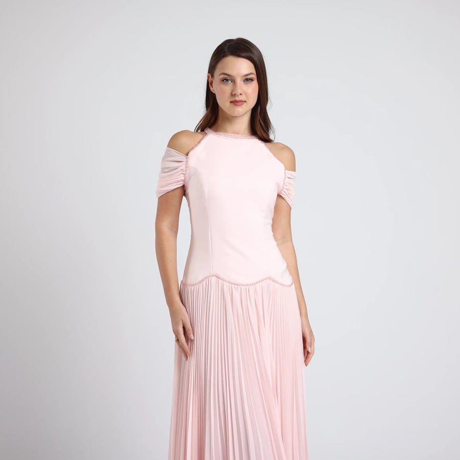 Off-Shoulder Crepe and Pleated Chiffon Evening Dress