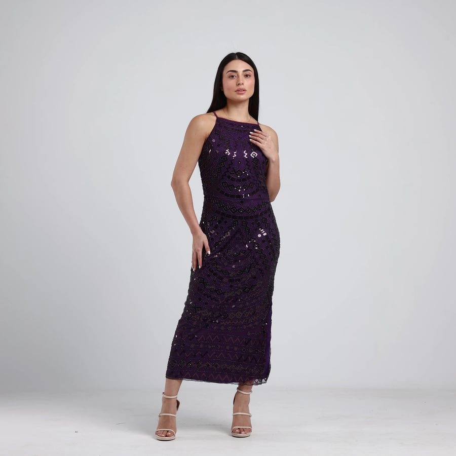 Sleeveless Beaded Tulle Evening Dress