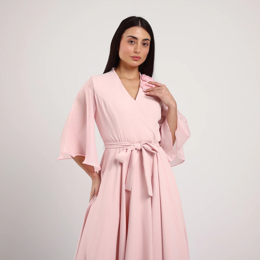 Wrap Crepe Dress with Shoulder Floral Appliqués