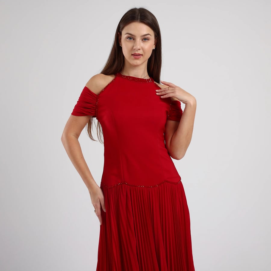 Off-Shoulder Crepe and Pleated Chiffon Evening Dress