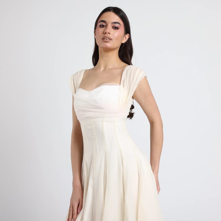 Corset-Style Gazar Midi Dress with Pleats