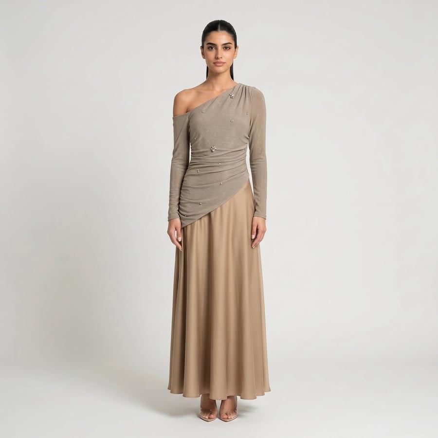 One-Shoulder Stretch Crepe and Satin Evening Dress