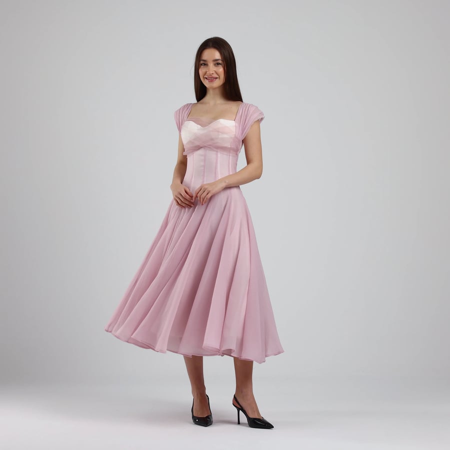 Corset-Style Gazar Midi Dress with Pleats