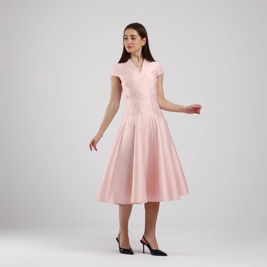 Pleated Midi Dress with Hand-Embroidered Floral Details