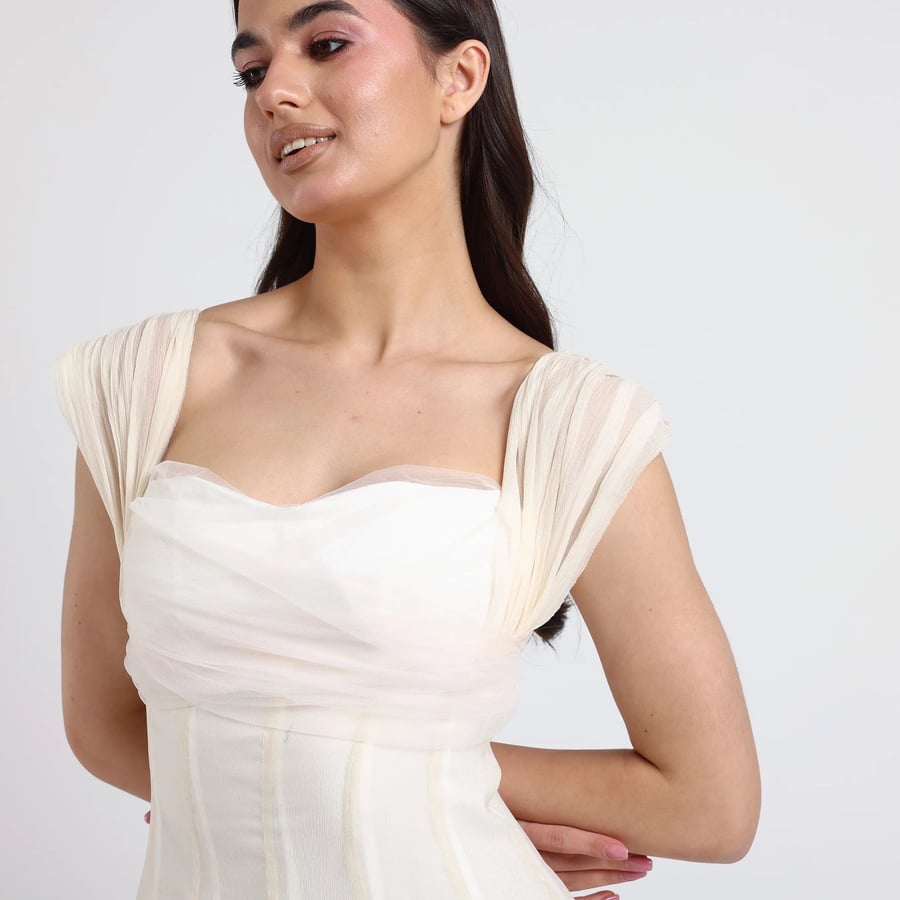 Corset-Style Gazar Midi Dress with Pleats