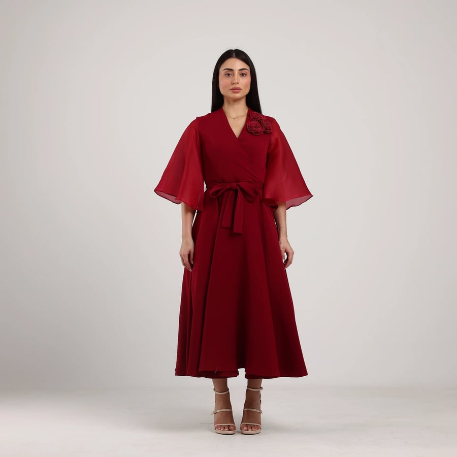 Wrap Crepe Dress with Shoulder Floral Appliqués