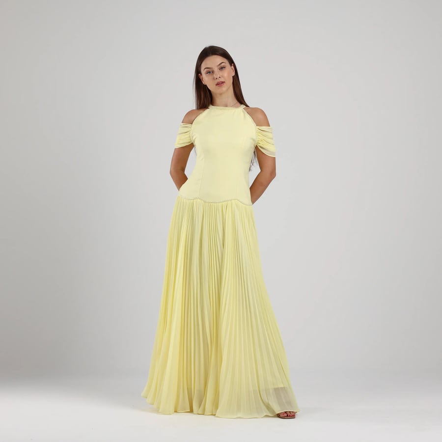 Off-Shoulder Crepe and Pleated Chiffon Evening Dress