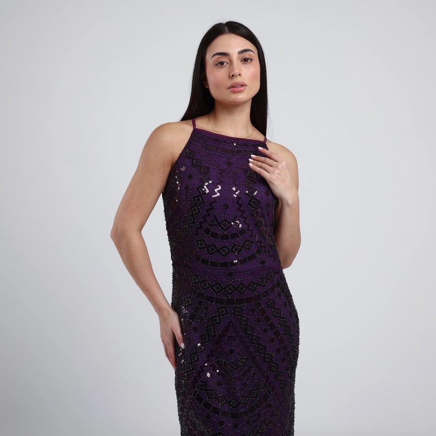 Sleeveless Beaded Tulle Evening Dress