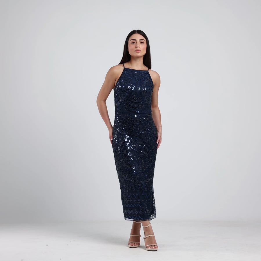 Sleeveless Beaded Tulle Evening Dress
