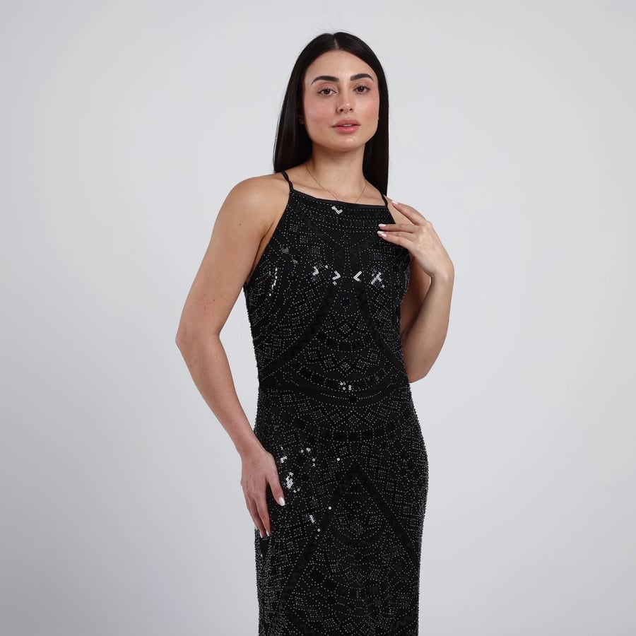 Sleeveless Beaded Tulle Evening Dress