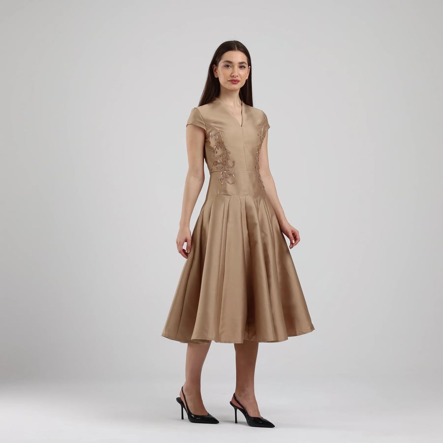 Pleated Midi Dress with Hand-Embroidered Floral Details
