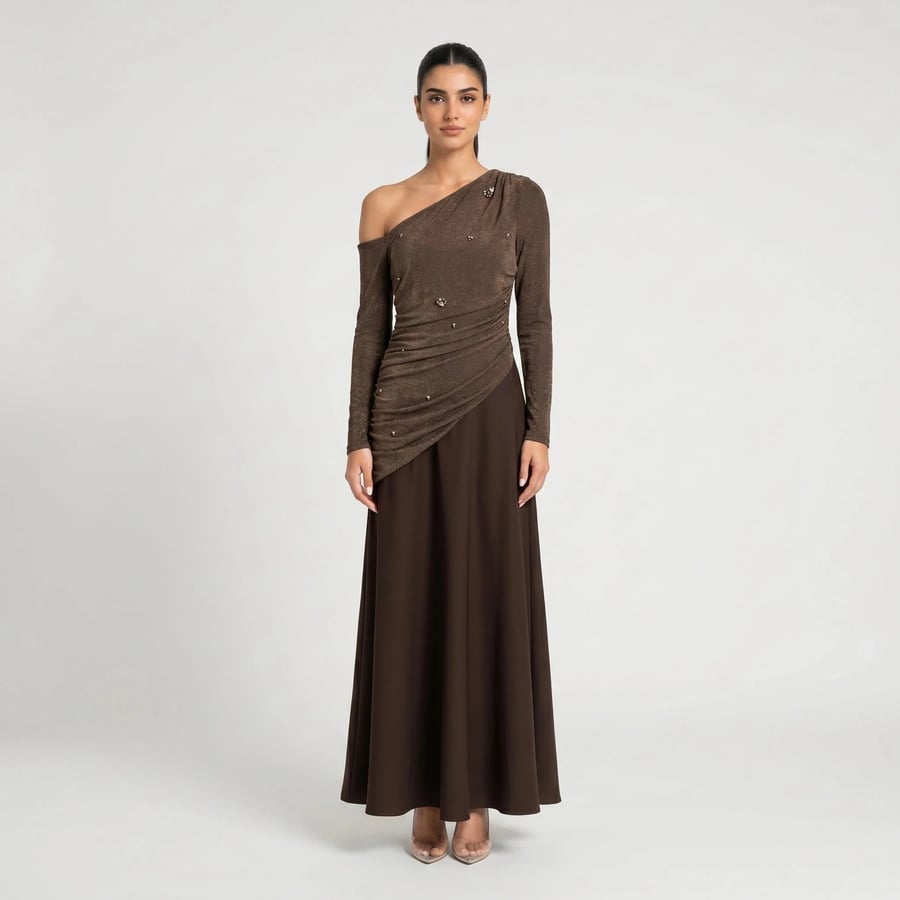 One-Shoulder Stretch Crepe and Satin Evening Dress