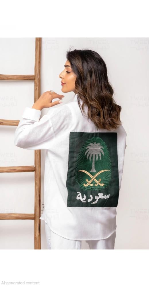 قميص ولادي وبناتي كتان اليوم الوطني 96 | "فخرنا سعودي" تطريز خلفي - كشخة