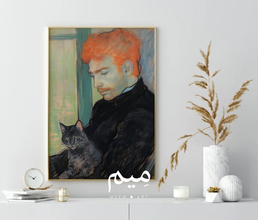 لوحة فنتج Man and Black Cat