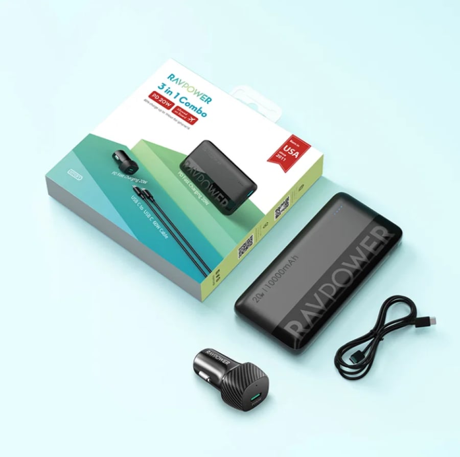 راف باور 10000mAh + شاحن سيارة + كيبل C إلى C 20W - أسود