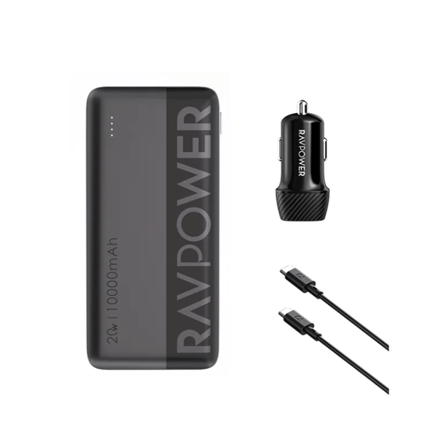 راف باور 10000mAh + شاحن سيارة + كيبل C إلى C 20W - أسود