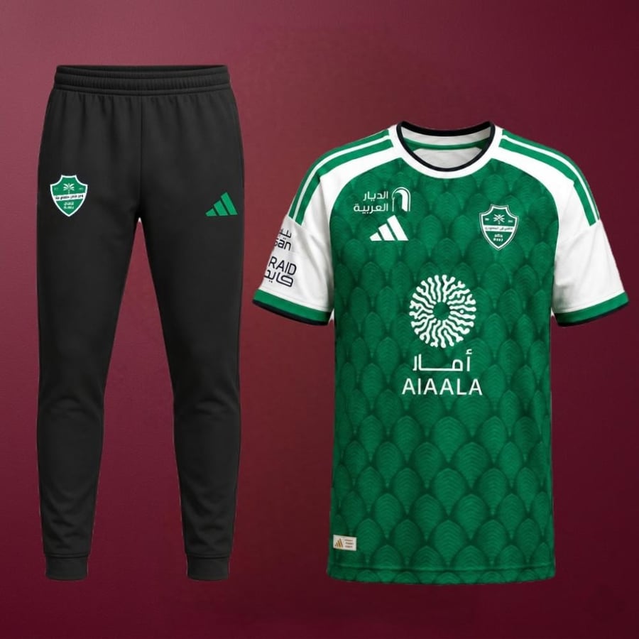 طقم الاهلي السعودي الجديد قميص معا سروال طويل اسود