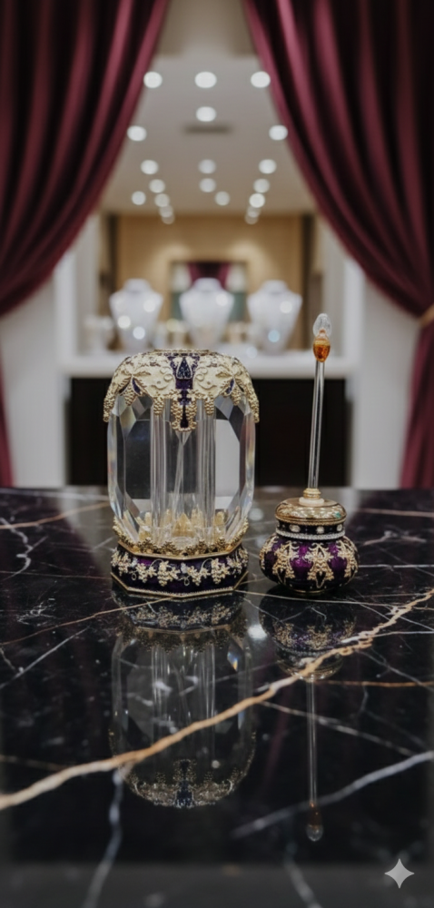 كريستال ملكي مطرزه 60 مل مناسبة جداً لحفظ العود و العطور بمظهر جمالي يضيف احساس راقي جدا للمناسبات و الافراح و للهدايا ارتفاع 18 سم