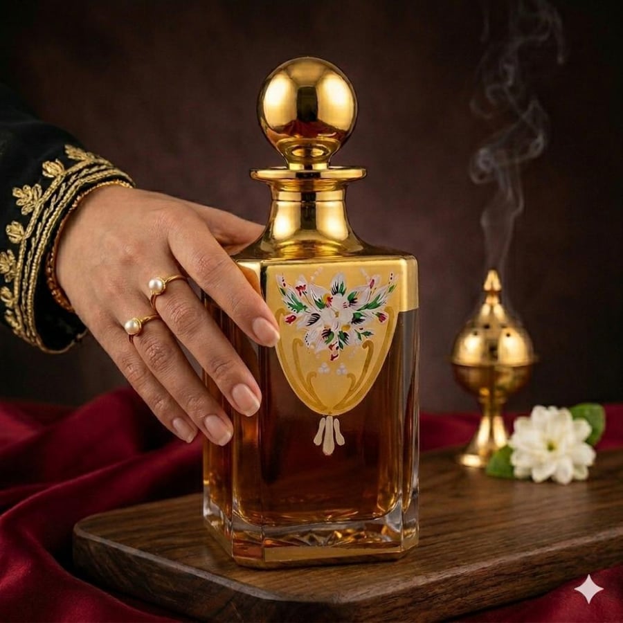 -زجاج عطور باللون الذهبي وعلية رسم مميز ,  بحجم (450مل) يستخدم لوضع الأدهان والزيوت العطرية , وأيضا للعرض في المحلات التجارية والحفلات.  -الأرتفاع: 19سم  /  الميل المناسب لها: 18سم.