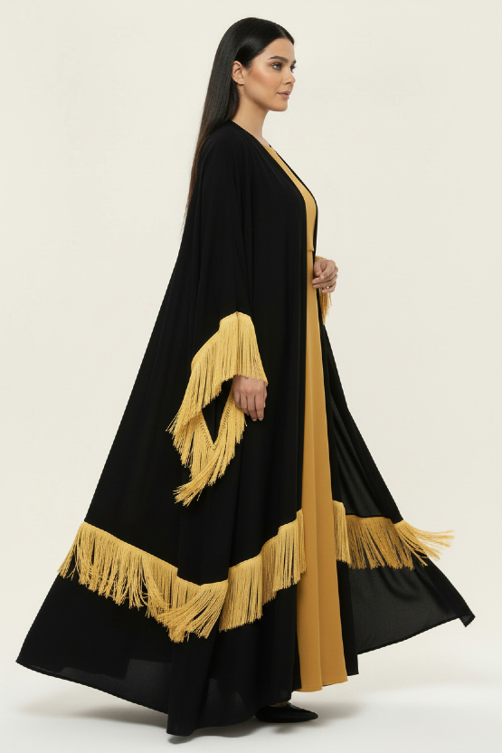 عباية مخمل أسود مزينة بالهدب الكموني 809
