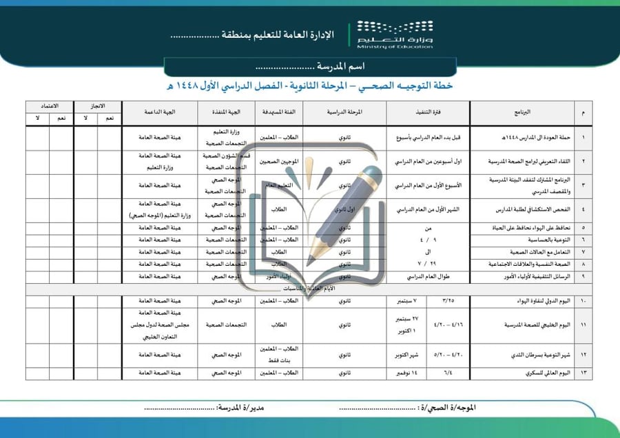 خطة التوجية الصحي - المرحلة الثانوية (الترم 1)