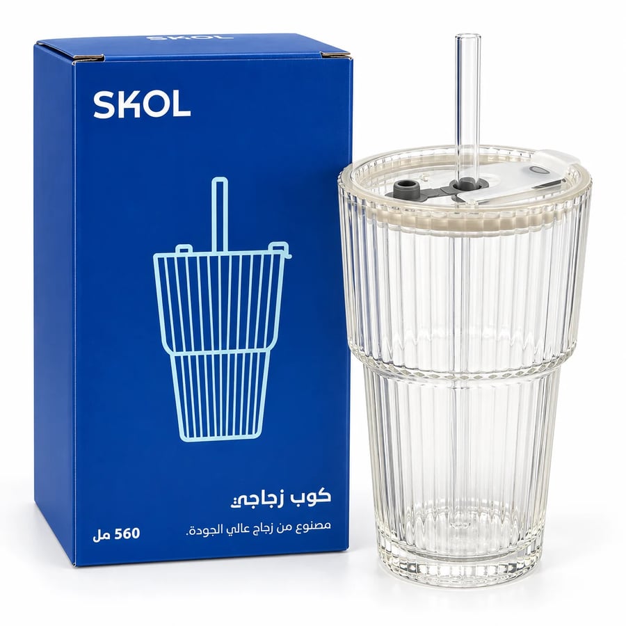 كوب سكول الزجاجي المضلّع بغطاء وشفاط – 560 مل