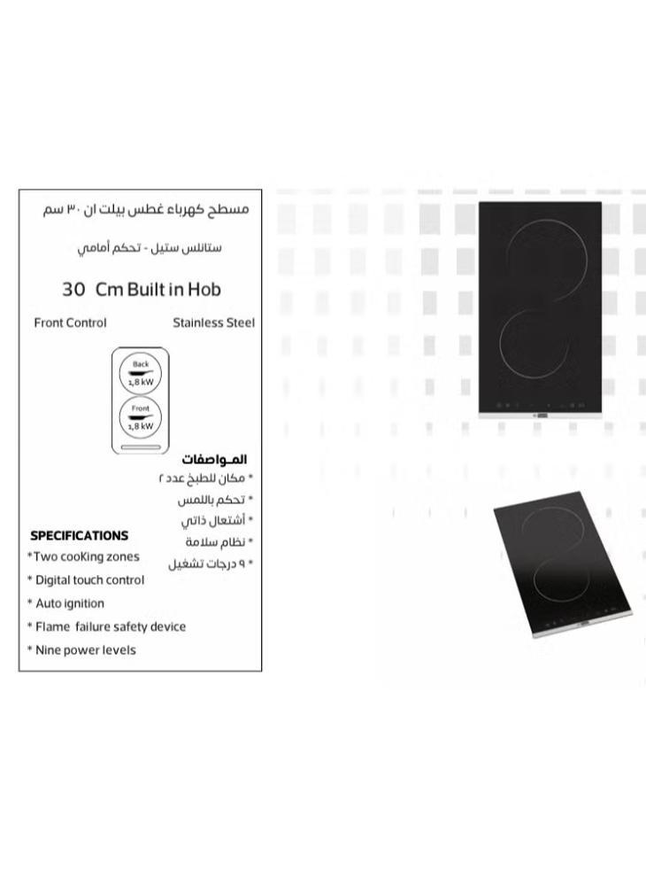 جنرال جولدن طباخ مدمج مسطح كهربائي سيراميك 2 شعلة مقاس 60*30 سم , سطح مقاوم للبقع وسهل التنظيف, امان كامل, تحكم باللمس, 9 مستويات للطاقه