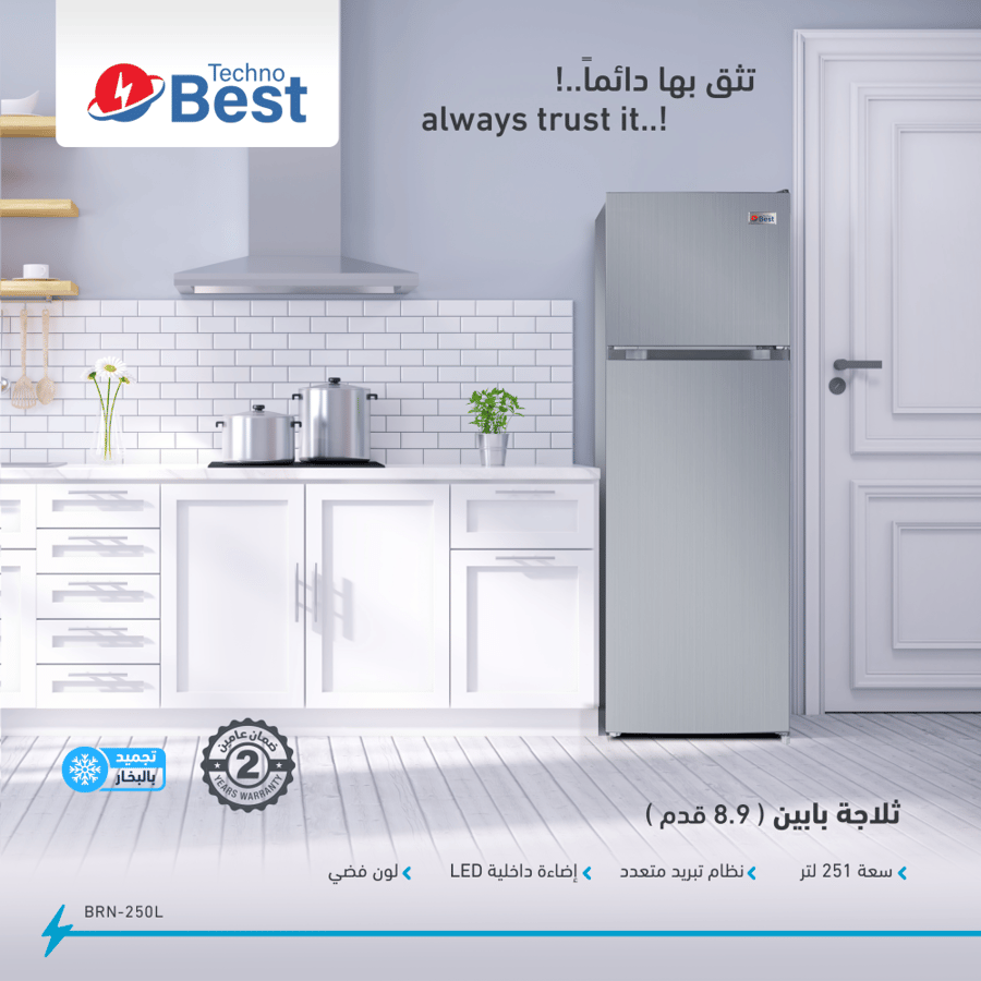 ثلاجة تكنو بيست، بابين، 8.9 قدم، 251 لتر، فضي - موديل BRN-250L