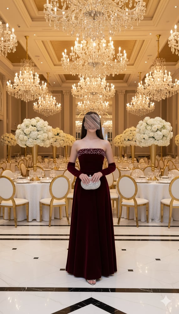 فستان سهرة مخملي عنابي