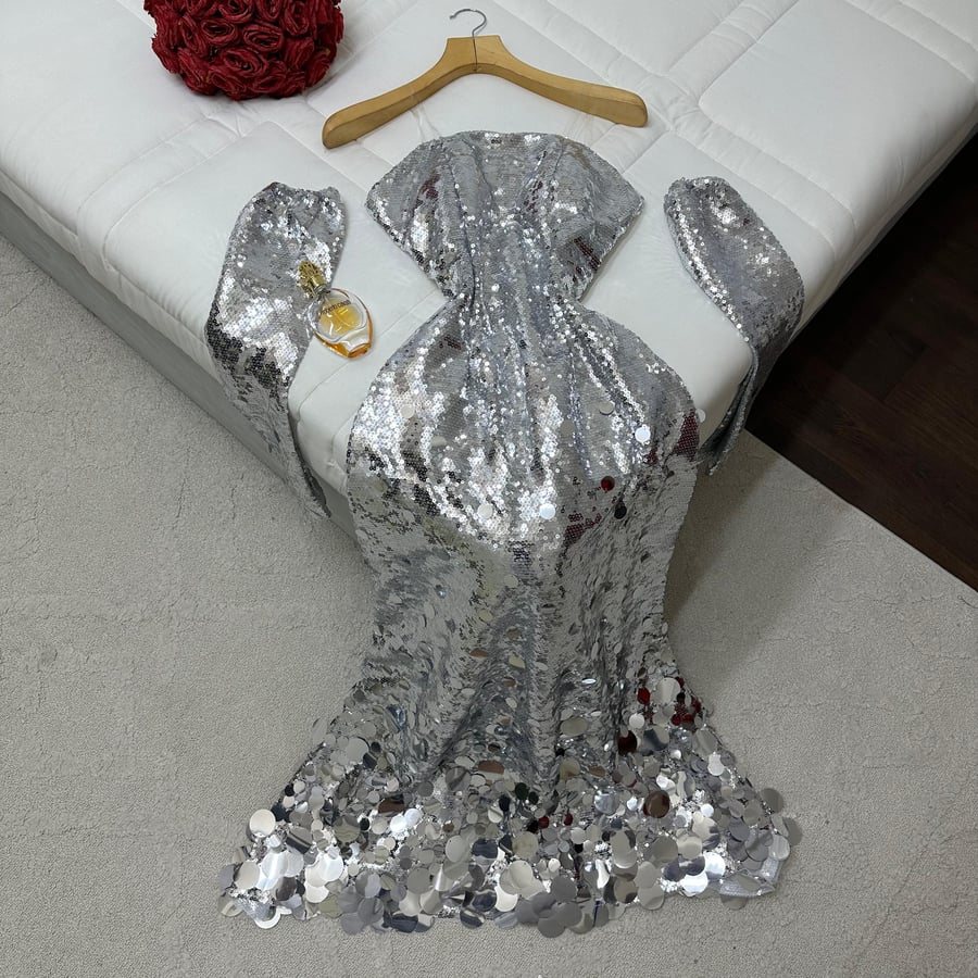 فستان سهره فضي براق مع أكمام