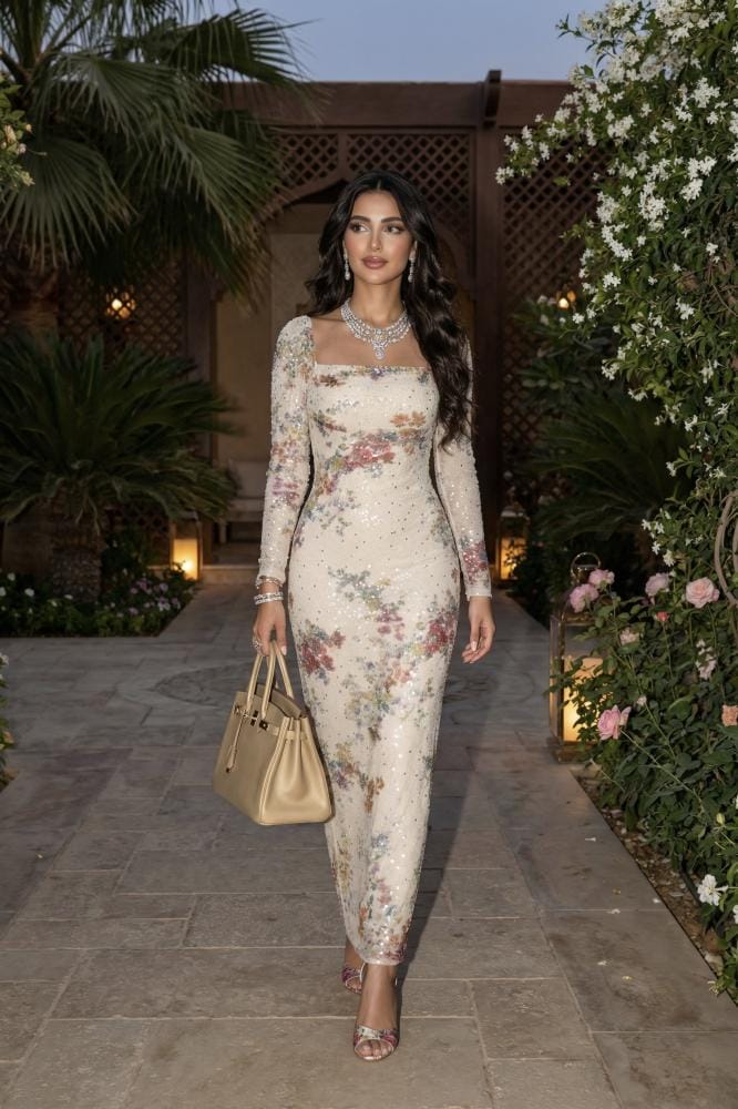 فستان سهرة طويل بلون عاجي
