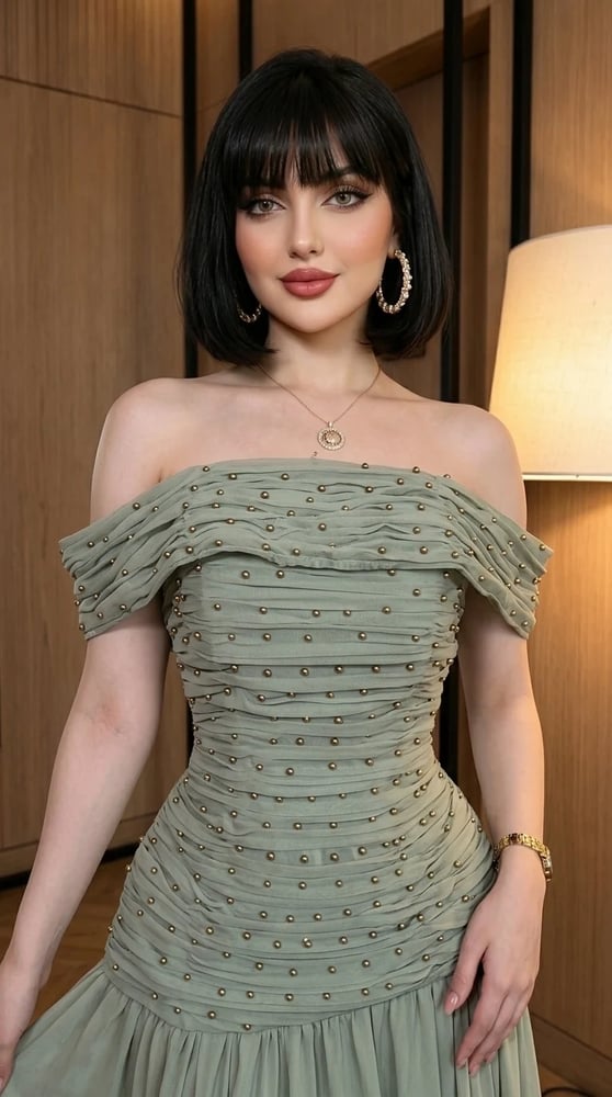 فستان سهرة طويل بلون أخضر ميرمية