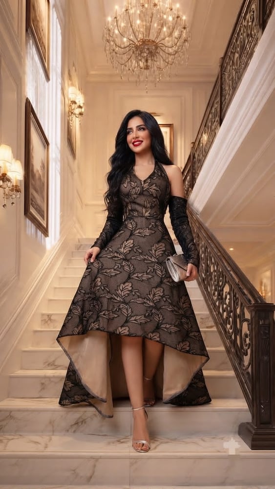 فستان سهرة فاخر باللون الأسود والبيج