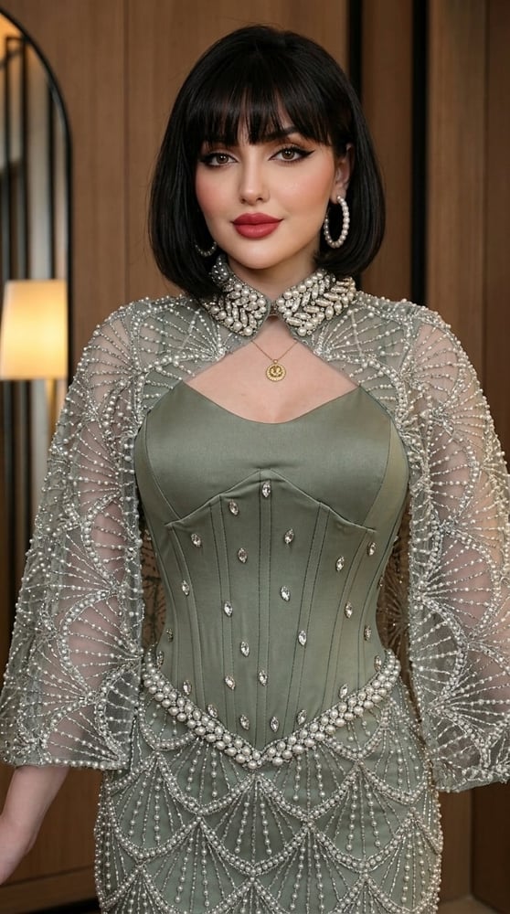 فستان سهرة فاخر باللون الأخضر الزيتي