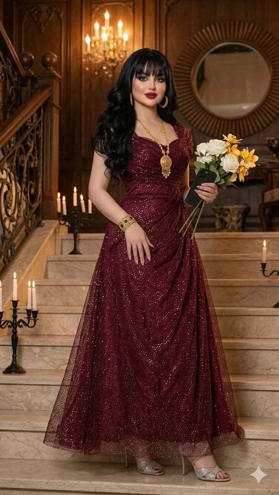 فستان سهرة طويل باللون العنابي