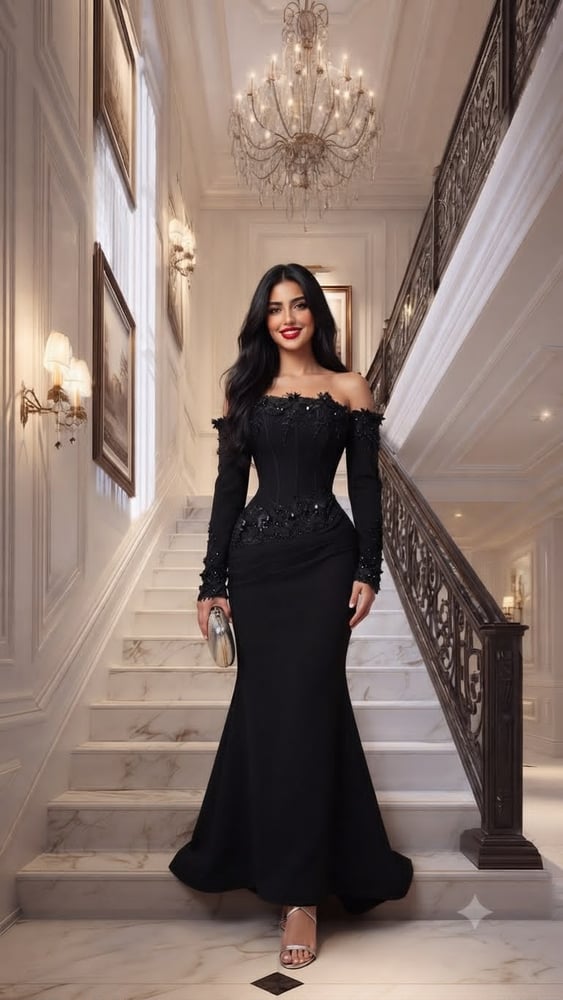فستان سهرة أسود فاخر بأكمام طويلة وقصة أوف شولدر