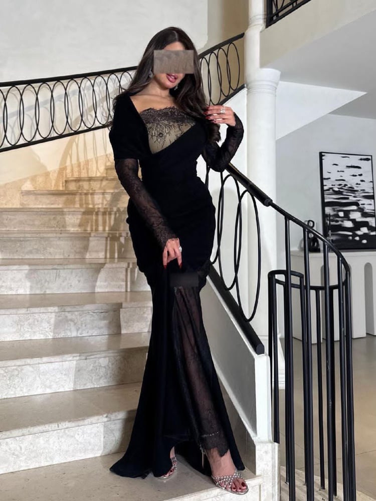 فستان سهرة مخملي أسود أنيق وطويل