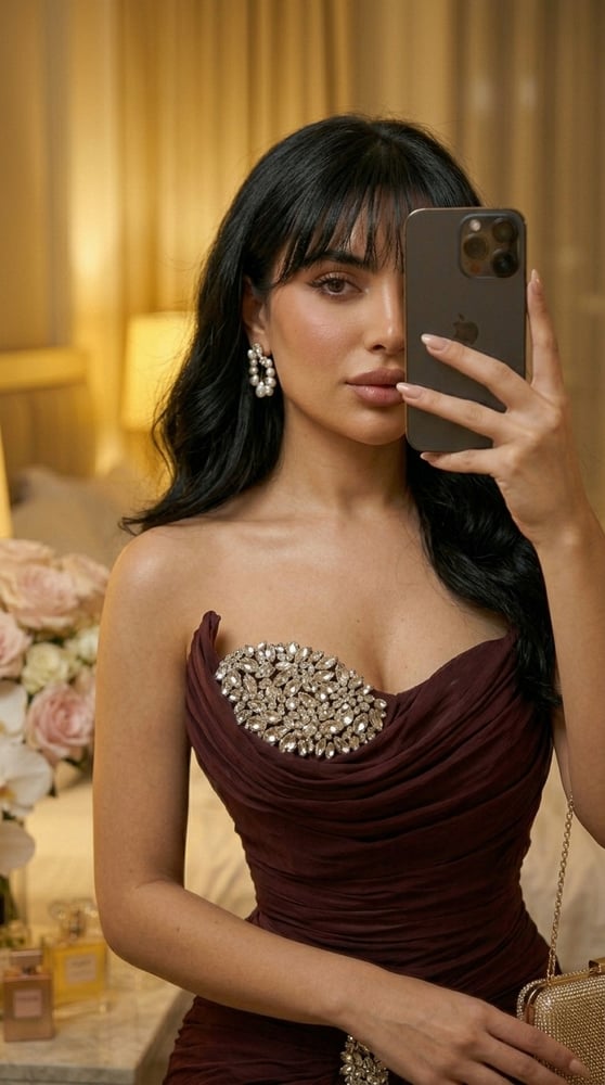 فستان سهرة عنابي درابيه أنيق